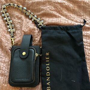 Bandolier Black Pebbled Leather Phone Case with Gold and Silver Chain